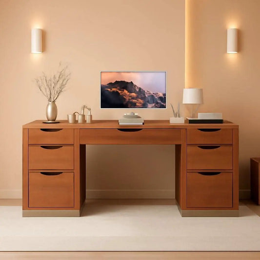 54 Inch Walnut Finish Executive Desk With Seven Drawers from PriceLows™