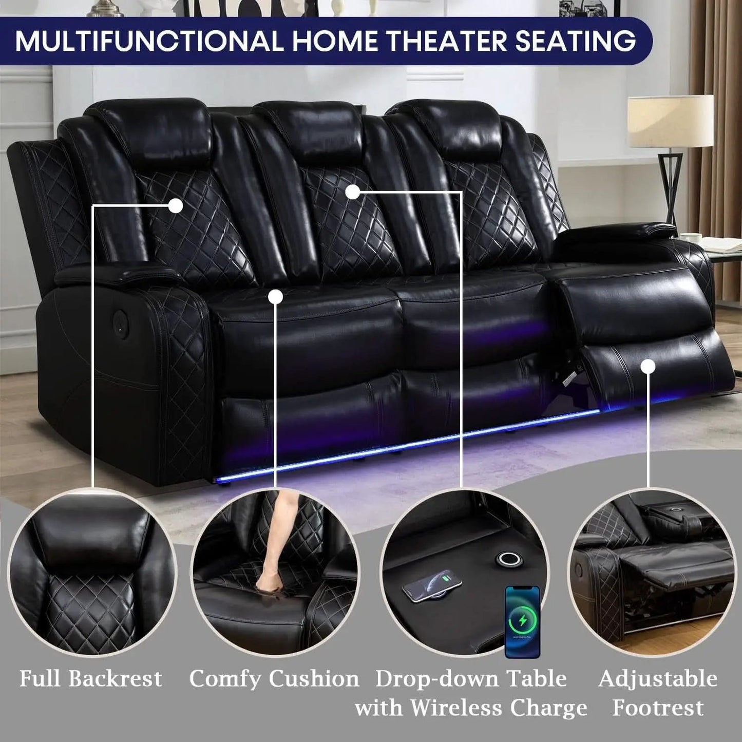Black Leather Power Recliner Sofa Set With USB Ports from PriceLows™