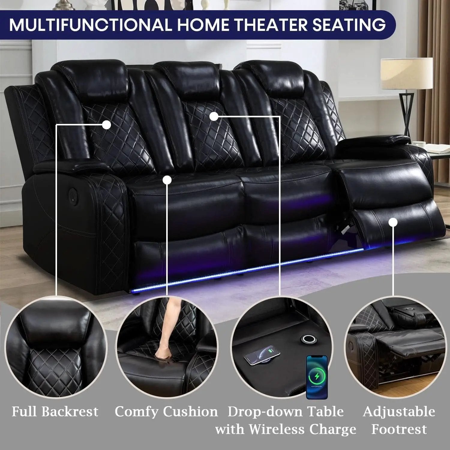 Black Leather Power Recliner Sofa Set With USB Ports from PriceLows™