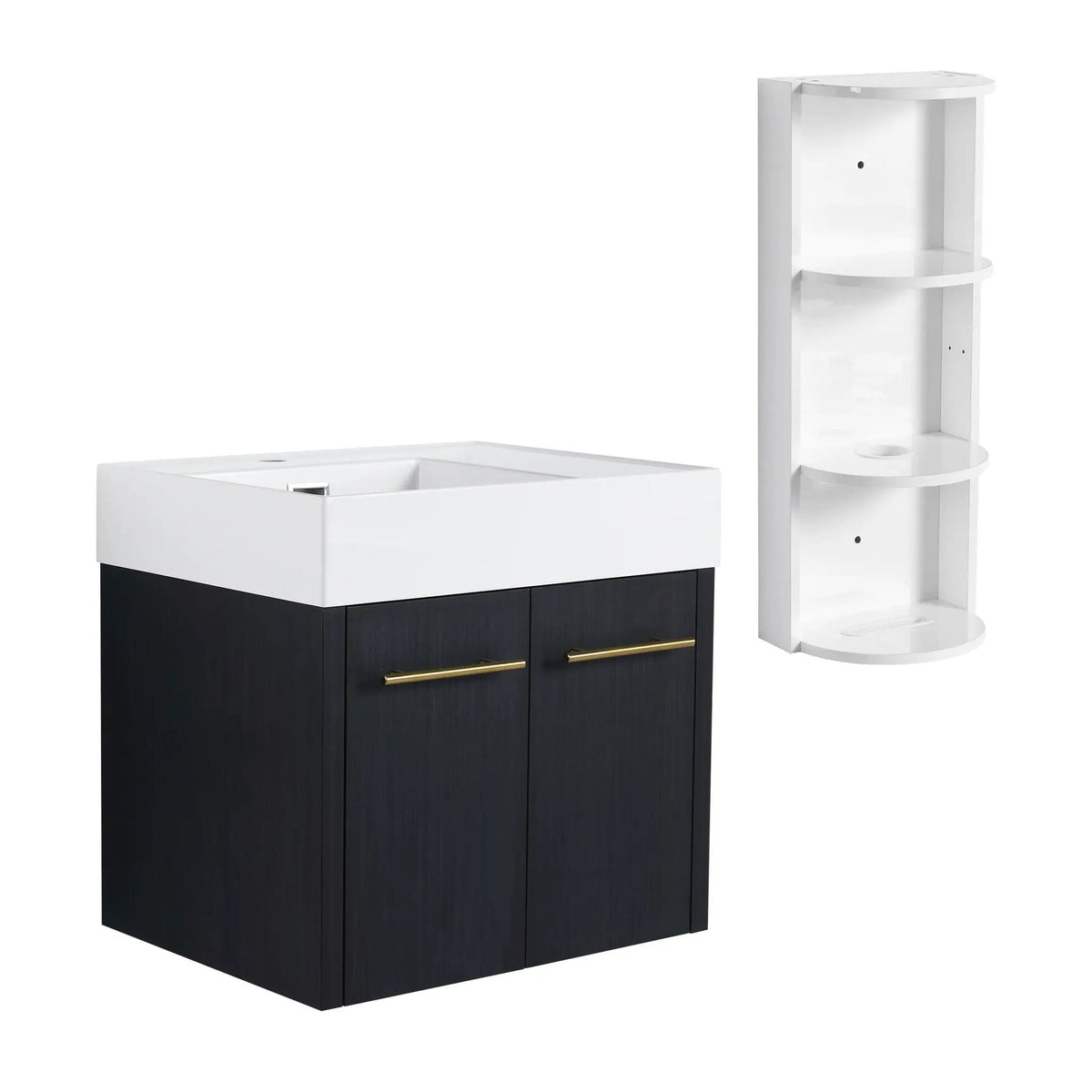 Modern Wall Mounted Bathroom Vanity With Thick Edge Resin Sink And Storage Rack | 3 Pieces | Stainless Steel & Plywood | Bathroom