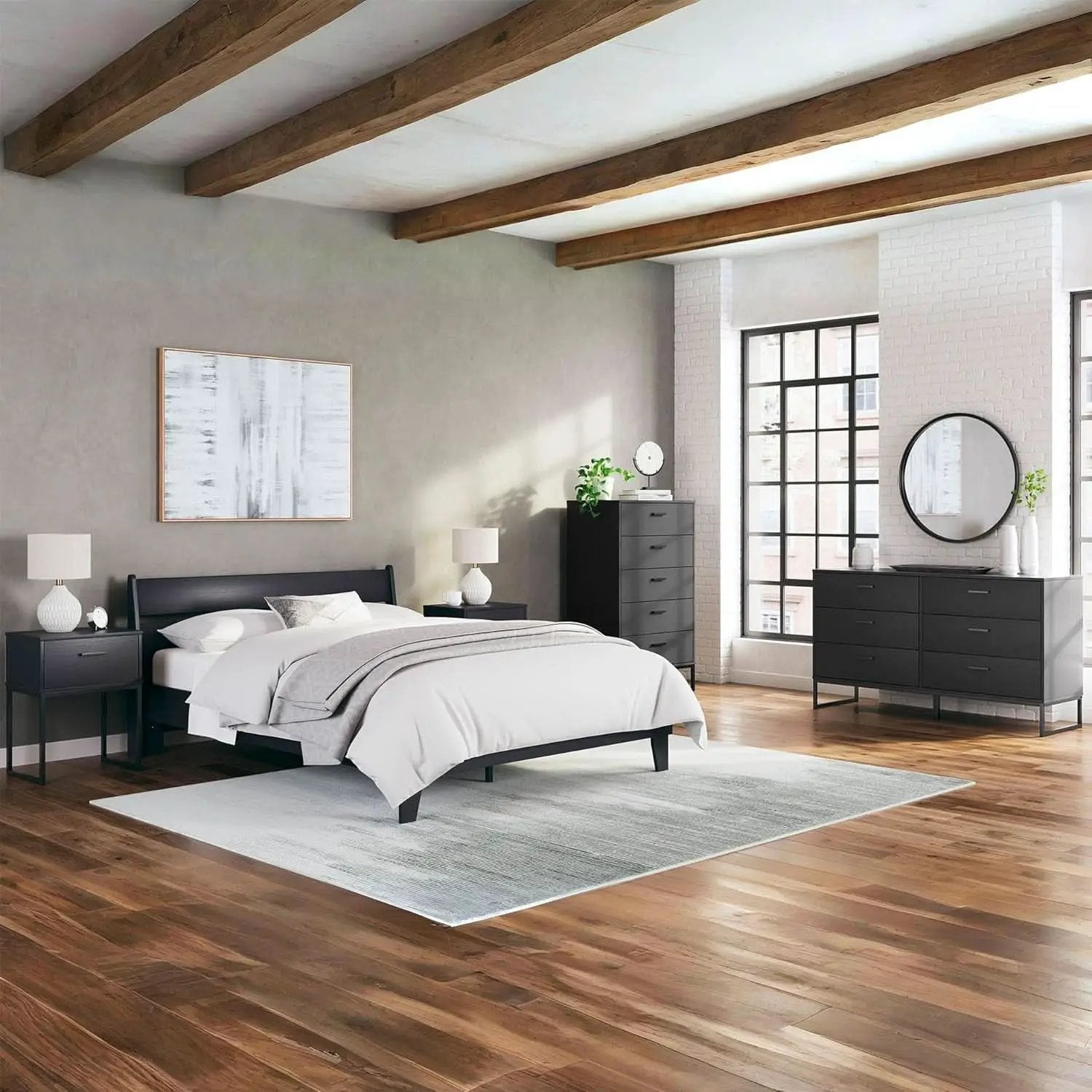 Modern 5-Drawer Chest with Safety Stop, Black Finish for Bedroom from PriceLows™