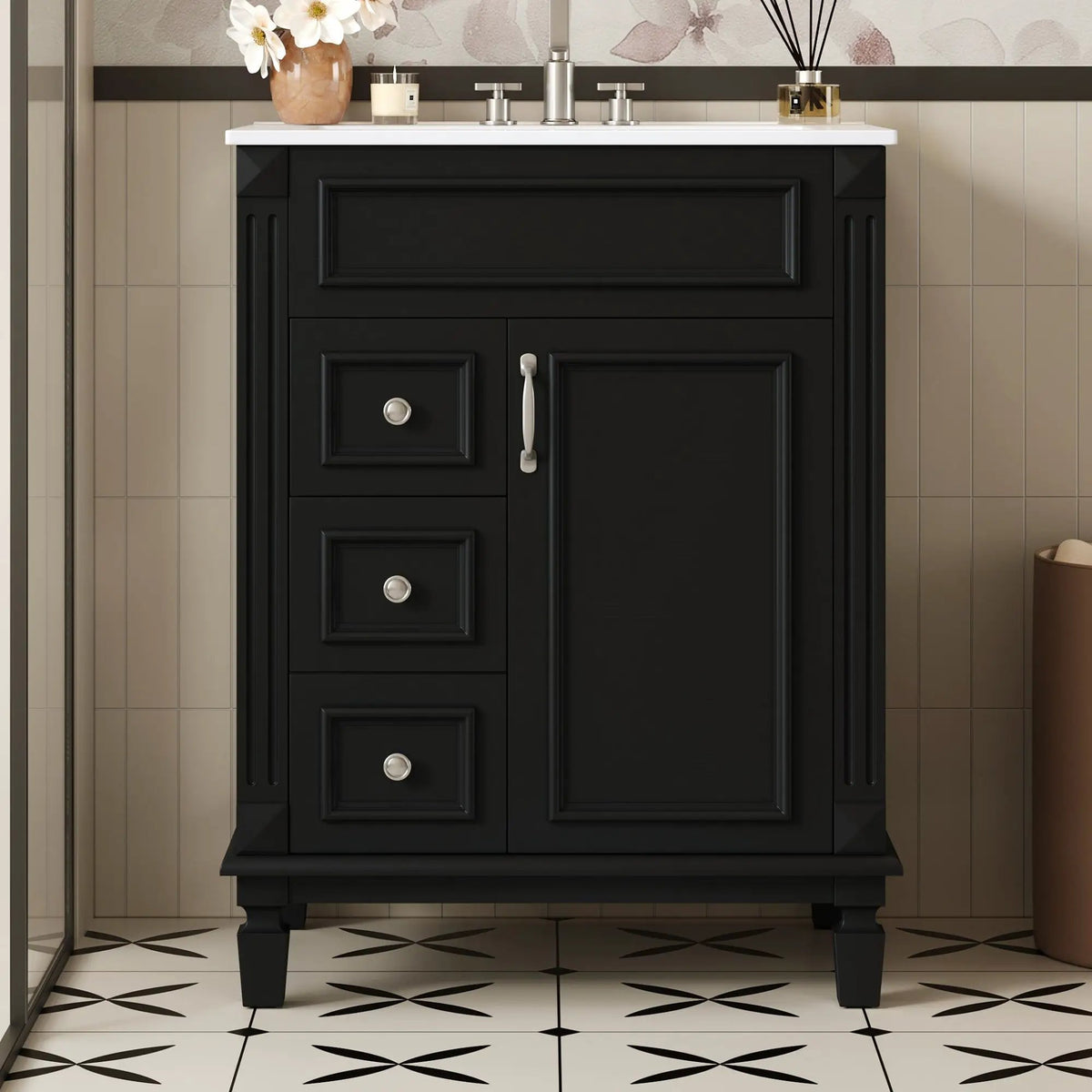 24 Inch Compact Bathroom Vanity | 2 Deep Drawers | Adjustable Shelf | Retro Button Handles