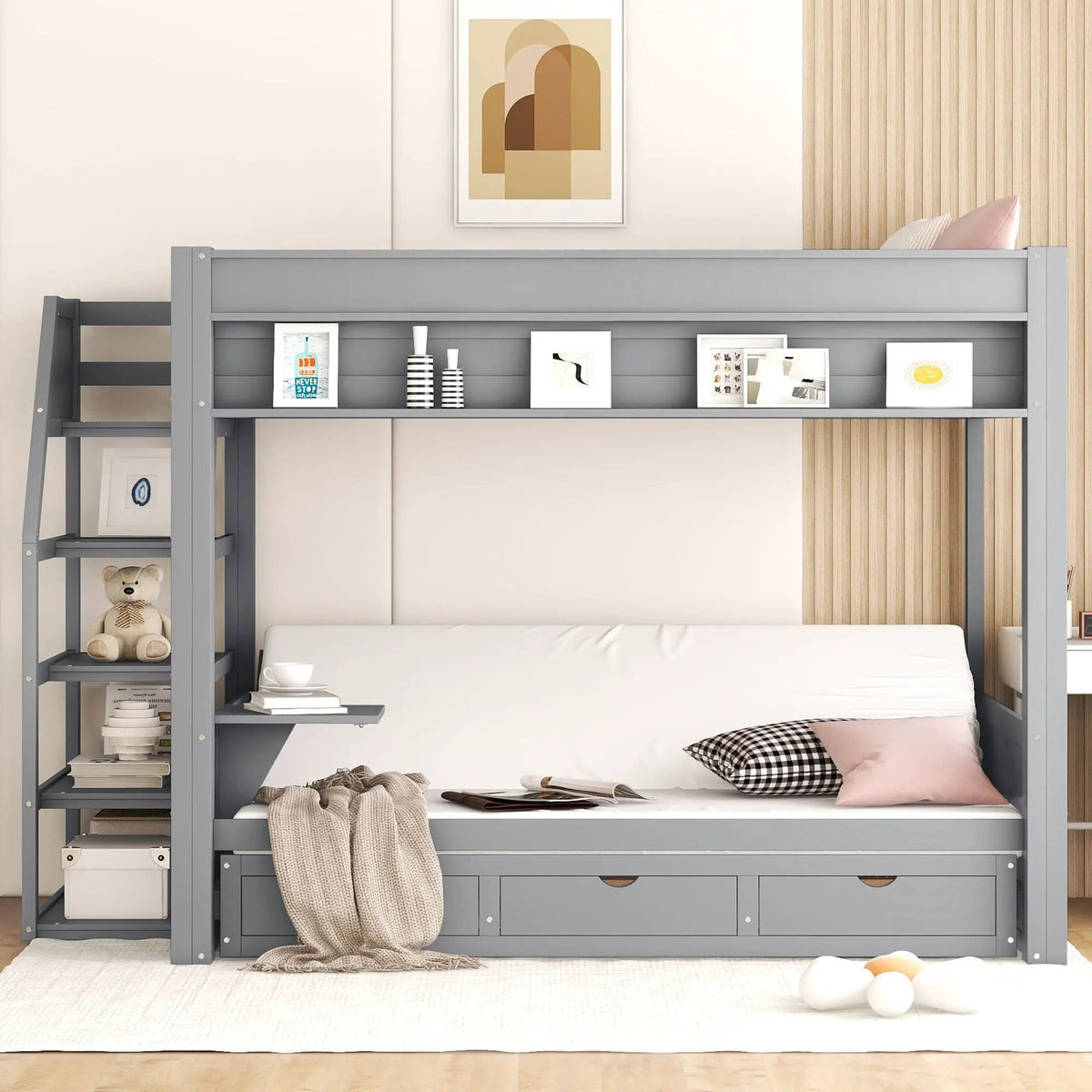 Wood Full Size Convertible Bunk Bed With Storage Staircase, Bedside Table, And 3 | 96.5 x 59.8 x 62.1 in | Pine Wood & Mdf | Gray