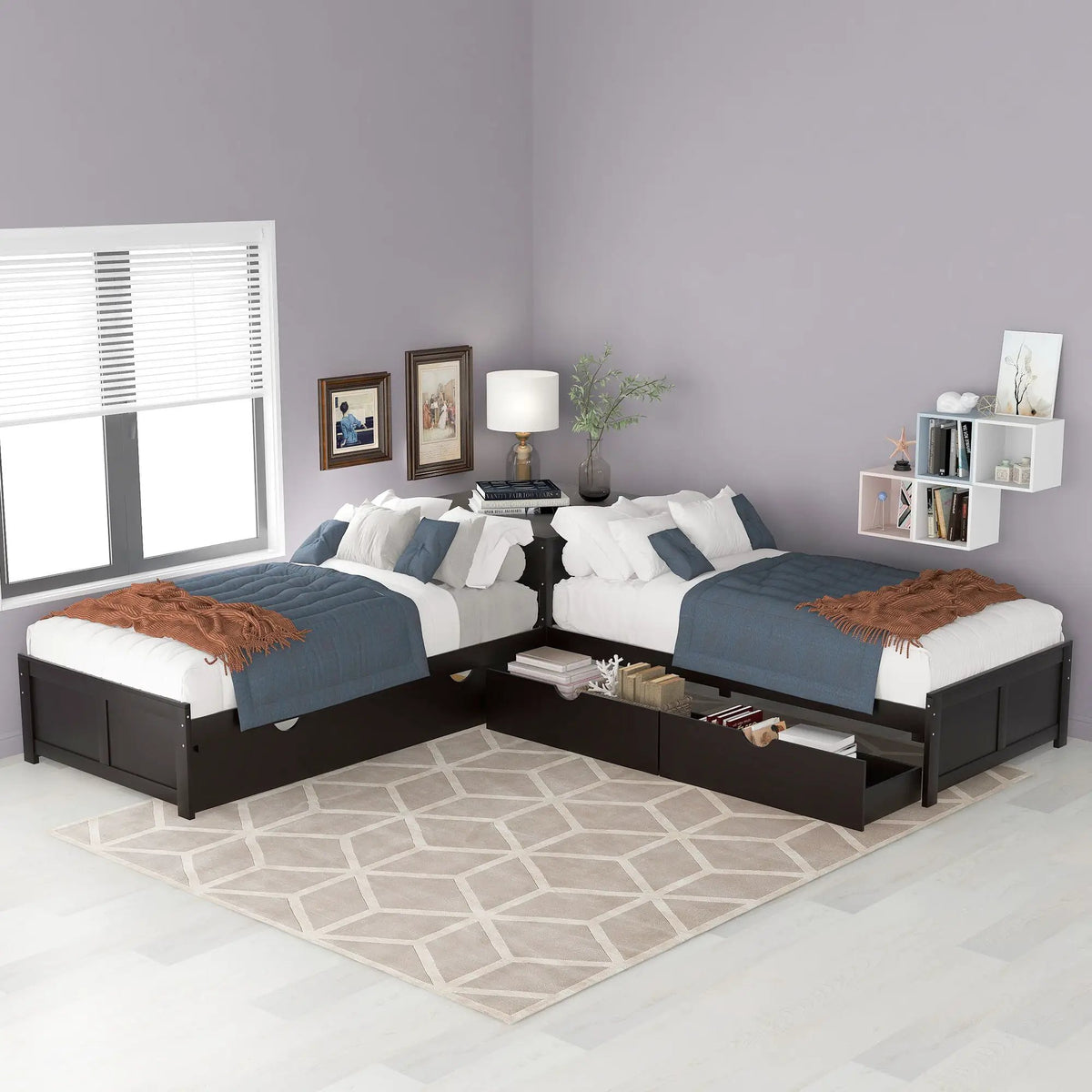 L Shaped Platform Bed | Built In Desk | Trundle With Drawers | Twin Size
