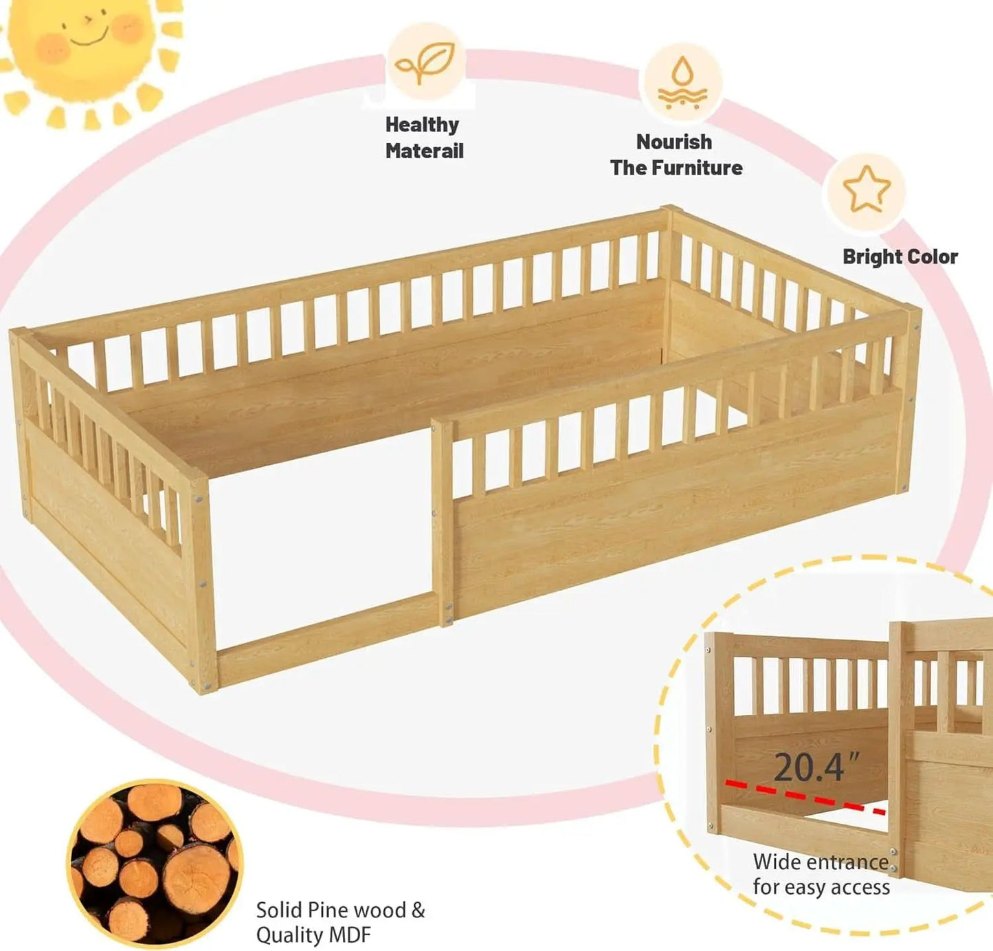 Twin Montessori Floor Bed With High Safety Rails Natural from PriceLows™