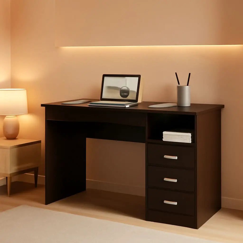 Wenge Computer Desk With 3 Drawers And Side Storage Shelf from PriceLows™