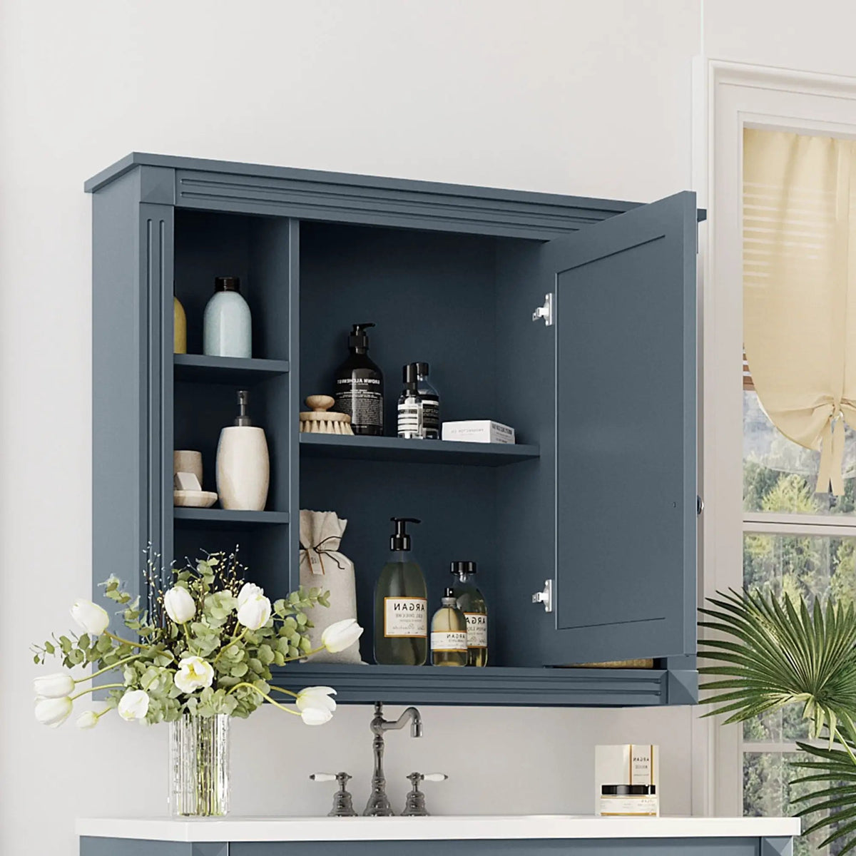 Bathroom Storage Cabinet With Mirror | 6 Open Shelves | Vintage Handle | Adjustable Interior