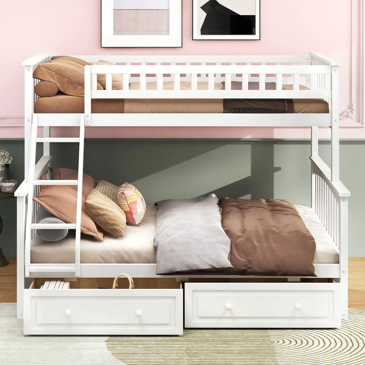 Bunk Bed With Drawers | Convertible Storage Design | Solid Pine Wood | Fence-Shaped Guardrail