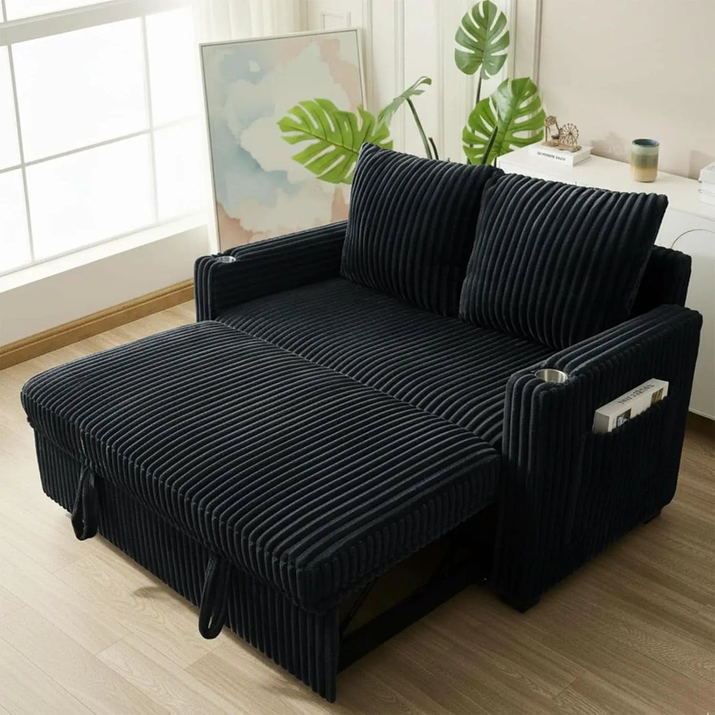 53 Inches Black Corduroy Fabric Sleeper Sofa USBPort from PriceLows™
