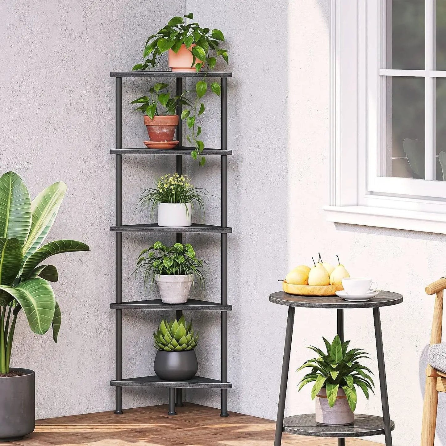 Industrial 5 Tier Corner Shelf Stand Black Metal Frame from PriceLows™