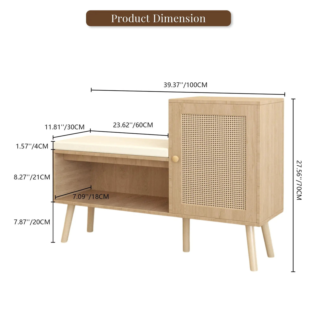 Shoe Storage Bench | Adjustable Shelves | Washable Seat | Natural Rattan