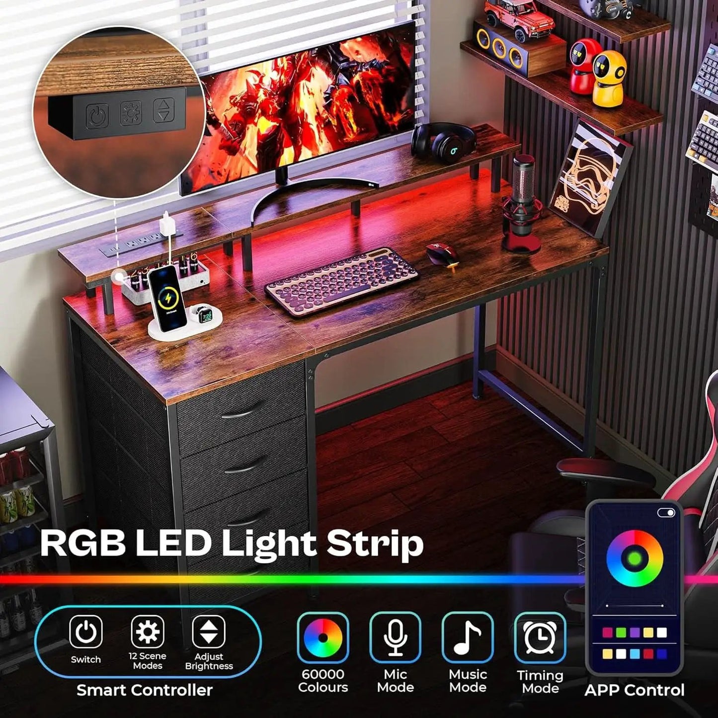 47 Inch Computer Desk With LED Lights And Power Outlets from PriceLows™