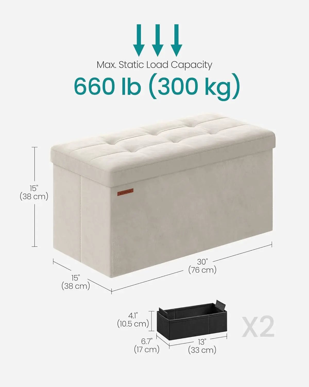 Cream White Foldable Storage Ottoman Bench 15x30x15 from PriceLows™