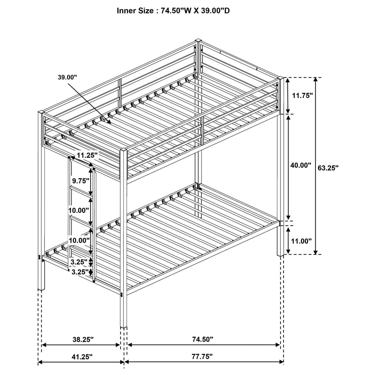 Alevera Metal Twin Over Twin Bunk Bed with Ladder | 77.5 x 41.25 x 63 in | Steel & Metal | White