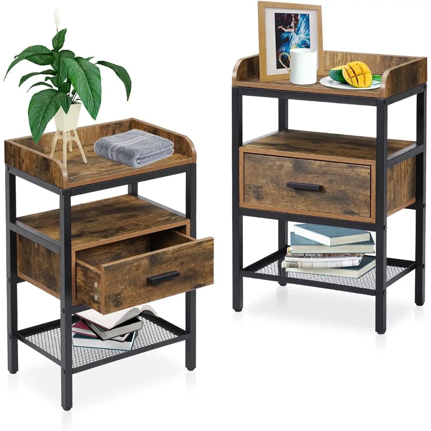 Industrial Three Tier Nightstand Set With Wood Grain Finish from PriceLows™