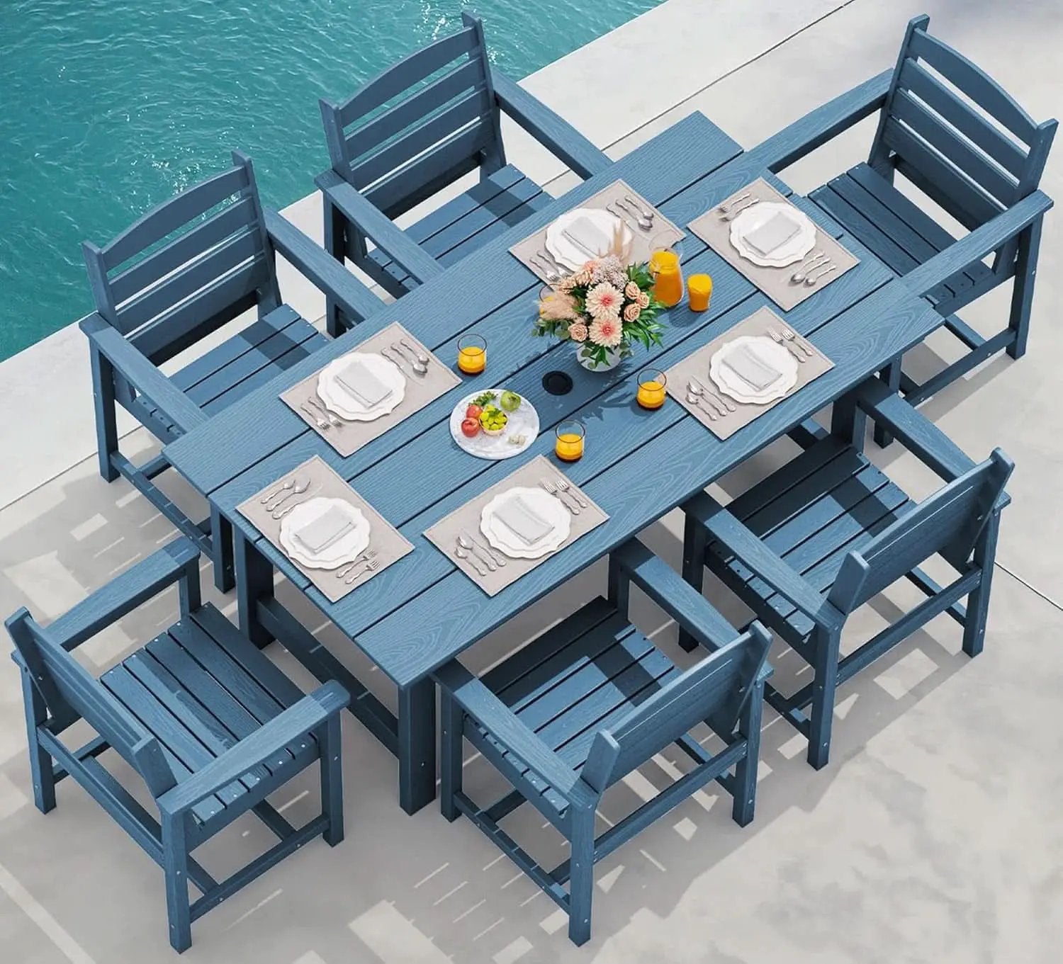 7 Piece Patio Dining Set Outdoor HDPE Table Blue Chairs from PriceLows™