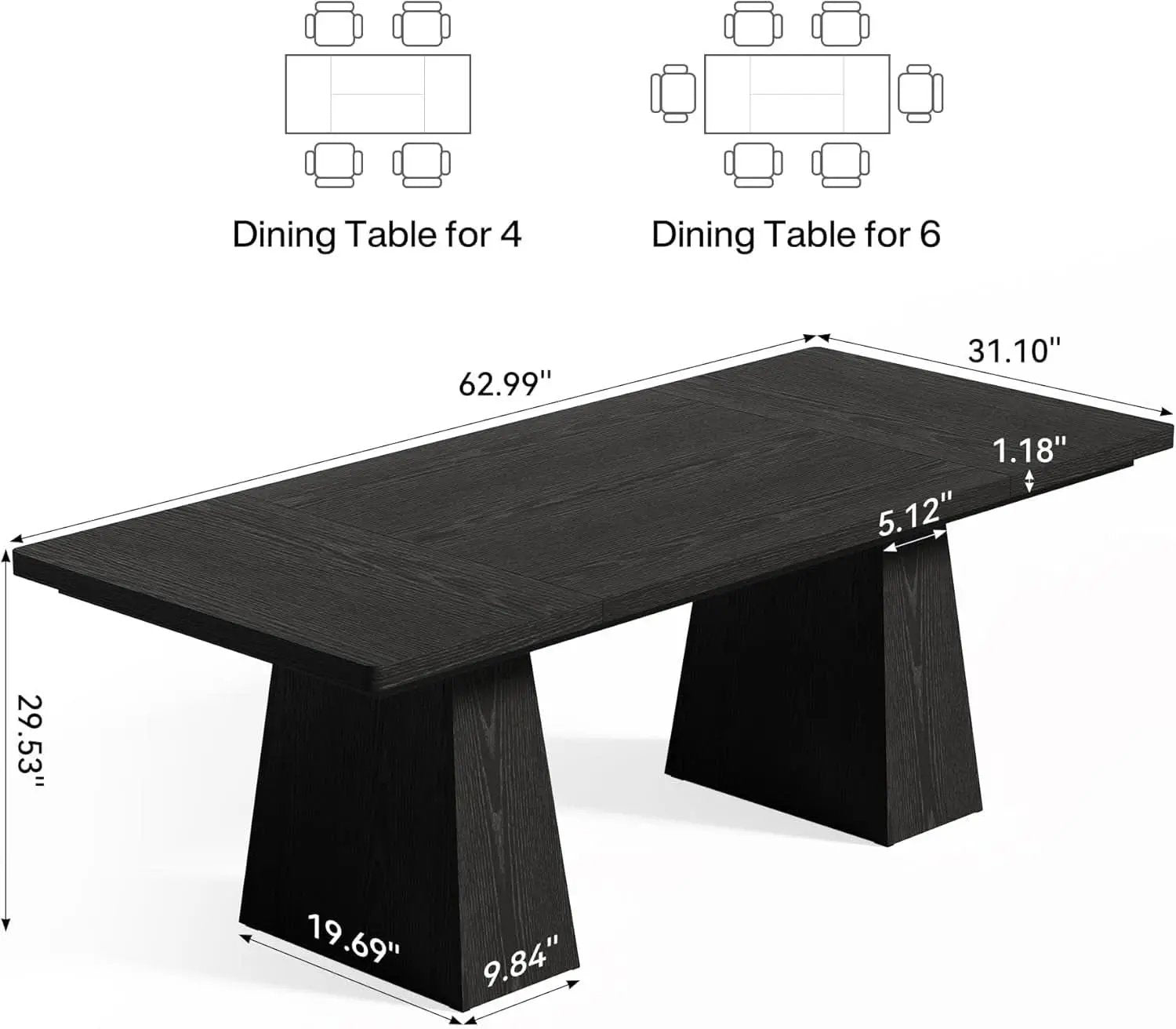 Wooden Dining Table for 6 with Heavy Duty Legs Black from PriceLows™