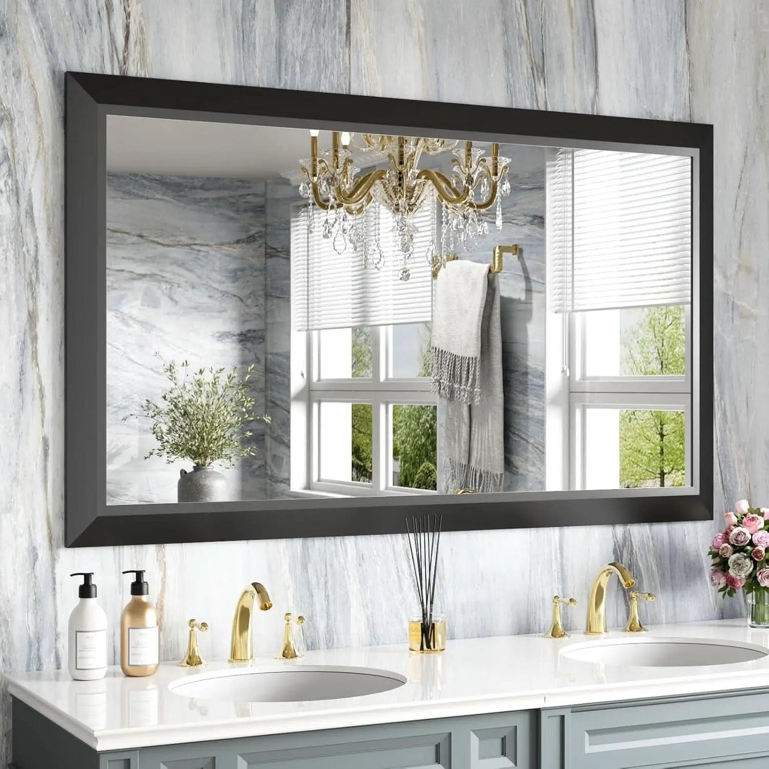 Black Bathroom Mirror 50x30 Inch Over Two Sinks Wall Mount from PriceLows™