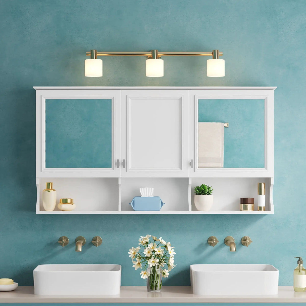 Wall-Mounted Mirror Medicine Cabinet With Adjustable Shelf And Open Shelves | 55 x 7.3 x 28.7 in | Solid Wood | White