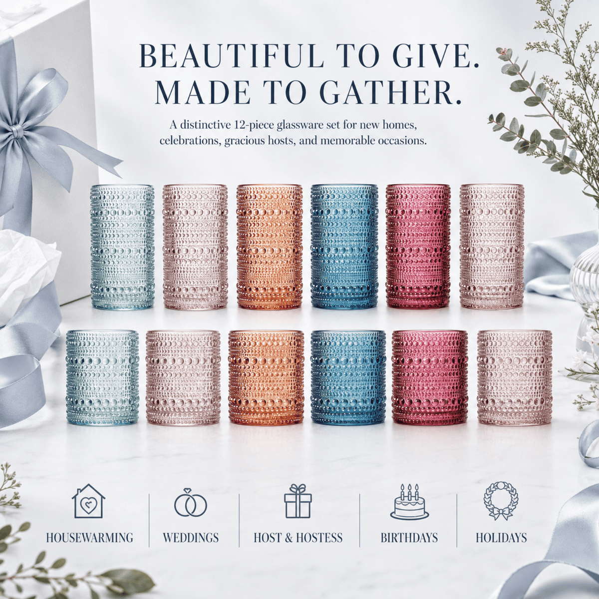 Tonal Hobnail Highball & Lowball Glassware | 12.17 oz | Set of 12 | Entertaining