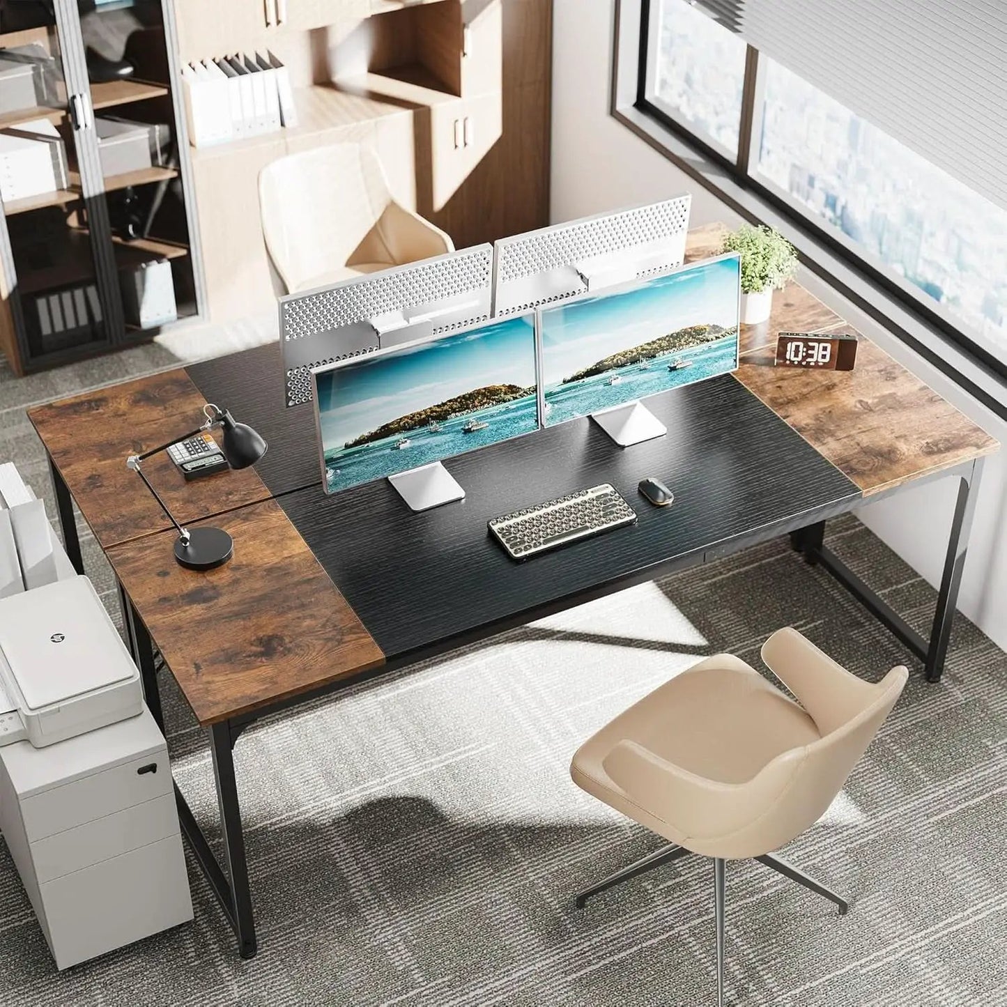 80 Inch Rustic Brown And Black Gaming Desk With Storage from PriceLows™