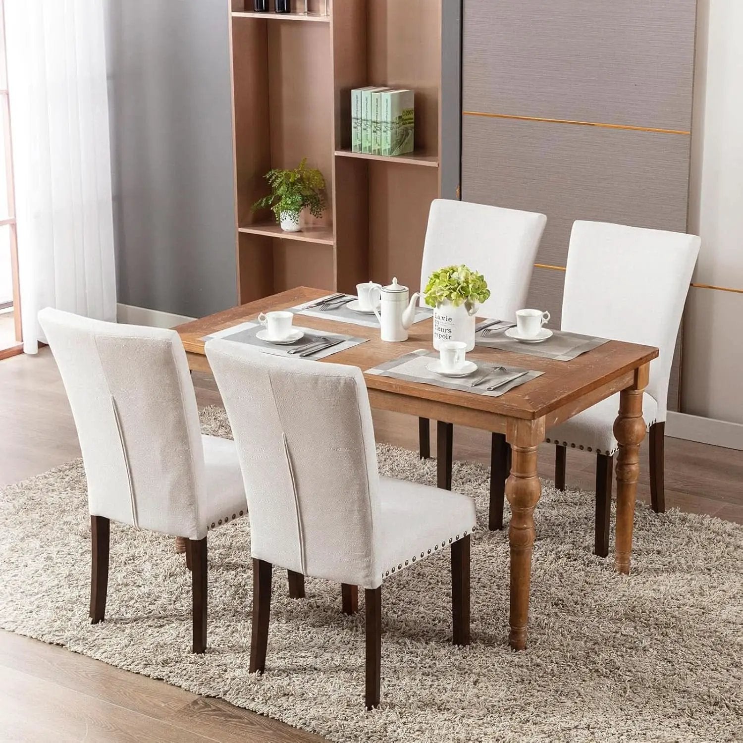 Beige Linen Upholstered High Back Counterheight Chairs from PriceLows™