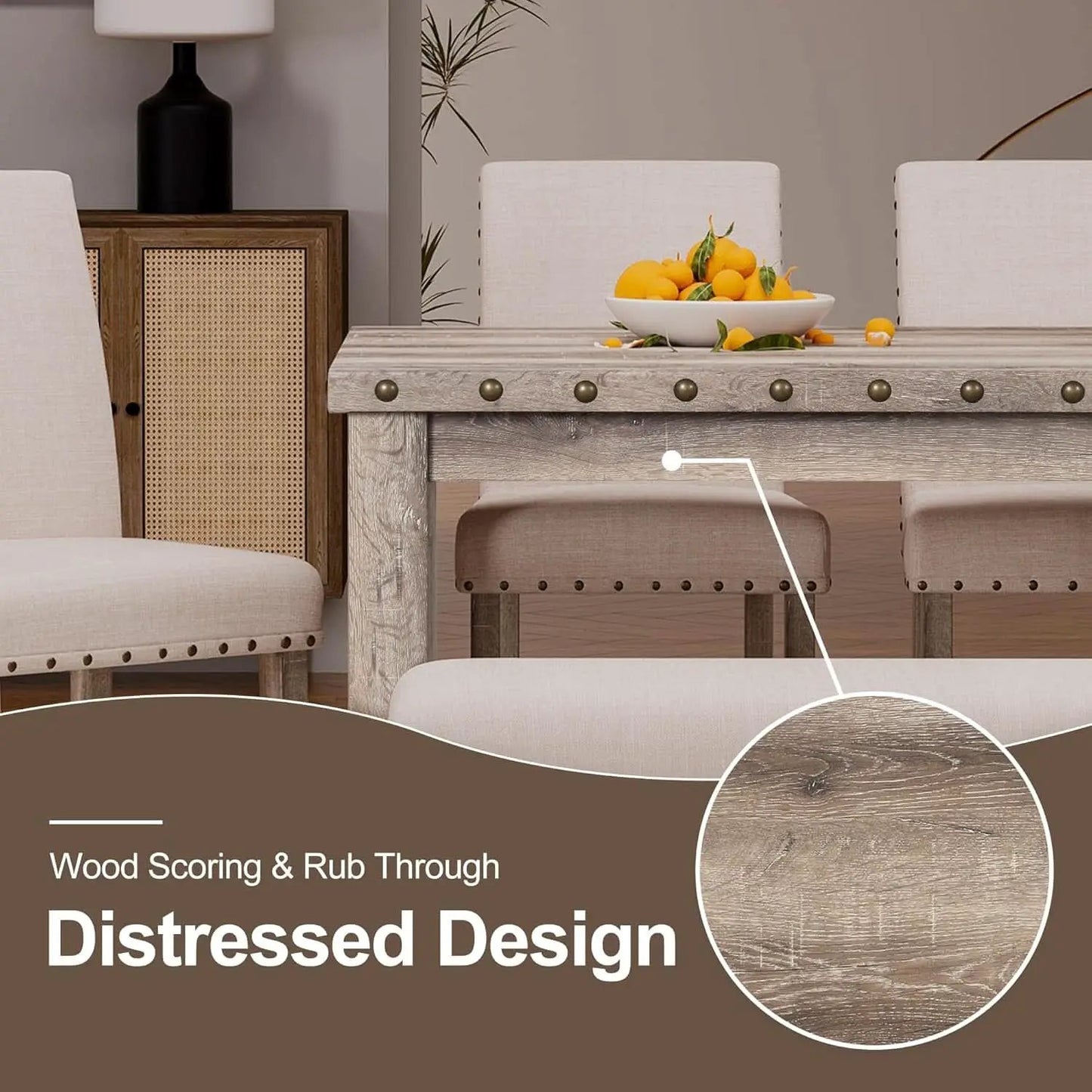 Rustic Dining Table Set Six NailheadAccents Chairs from PriceLows™
