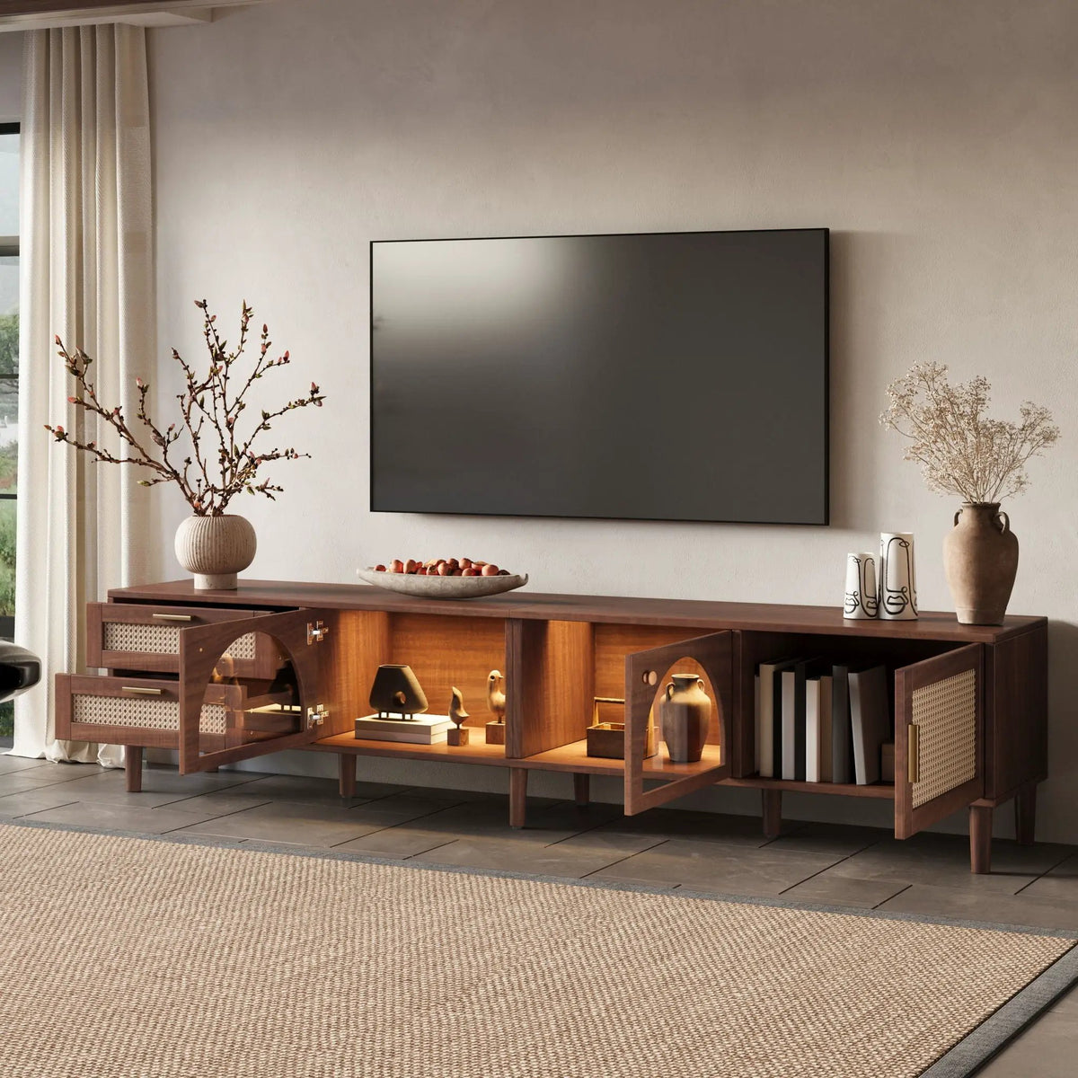 TV Stand | App Controlled LED Lights | Rattan Door Storage | Large TV