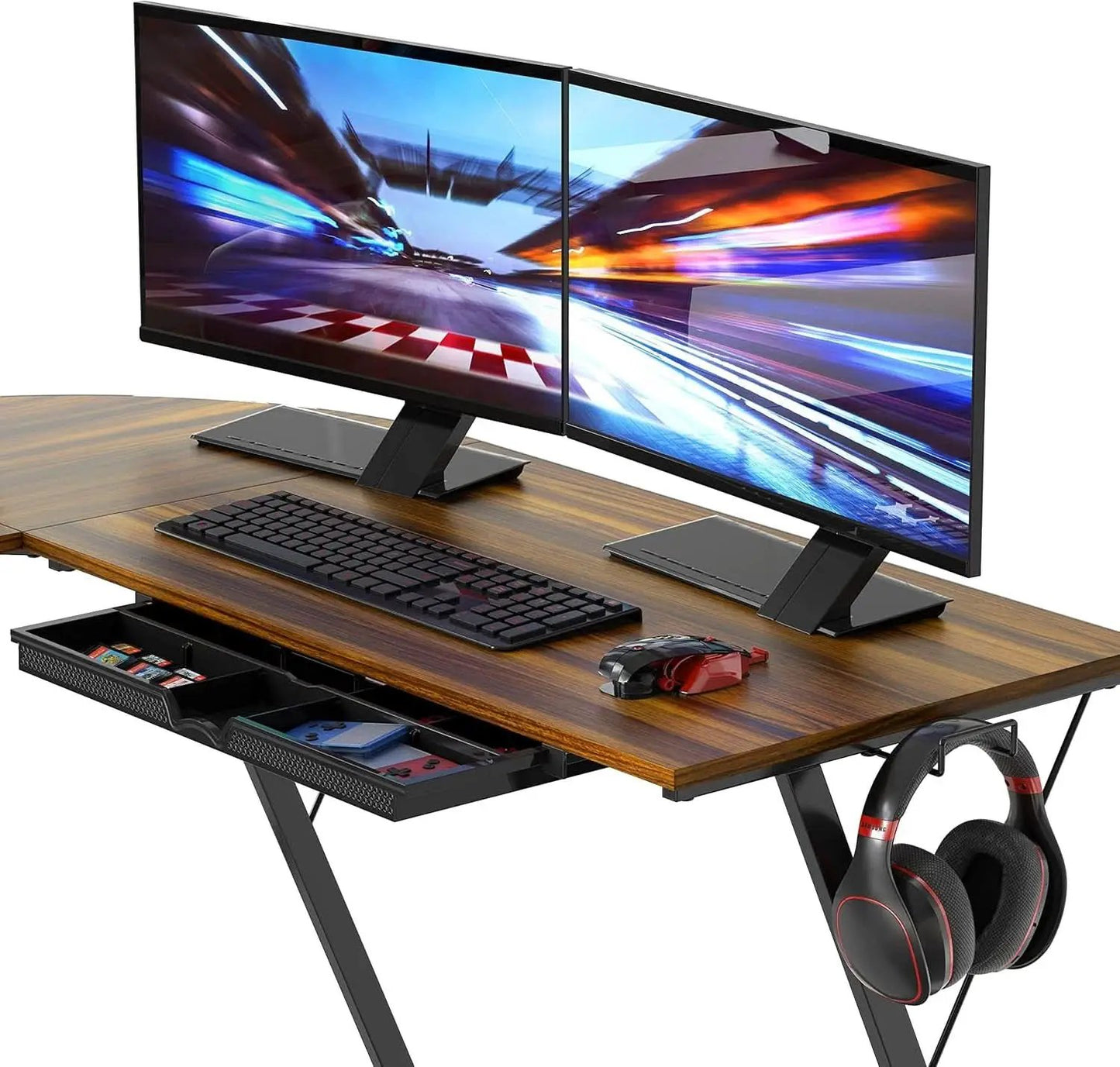 Vista L Shape Desk With Monitor Stand Walnut Finish from PriceLows™