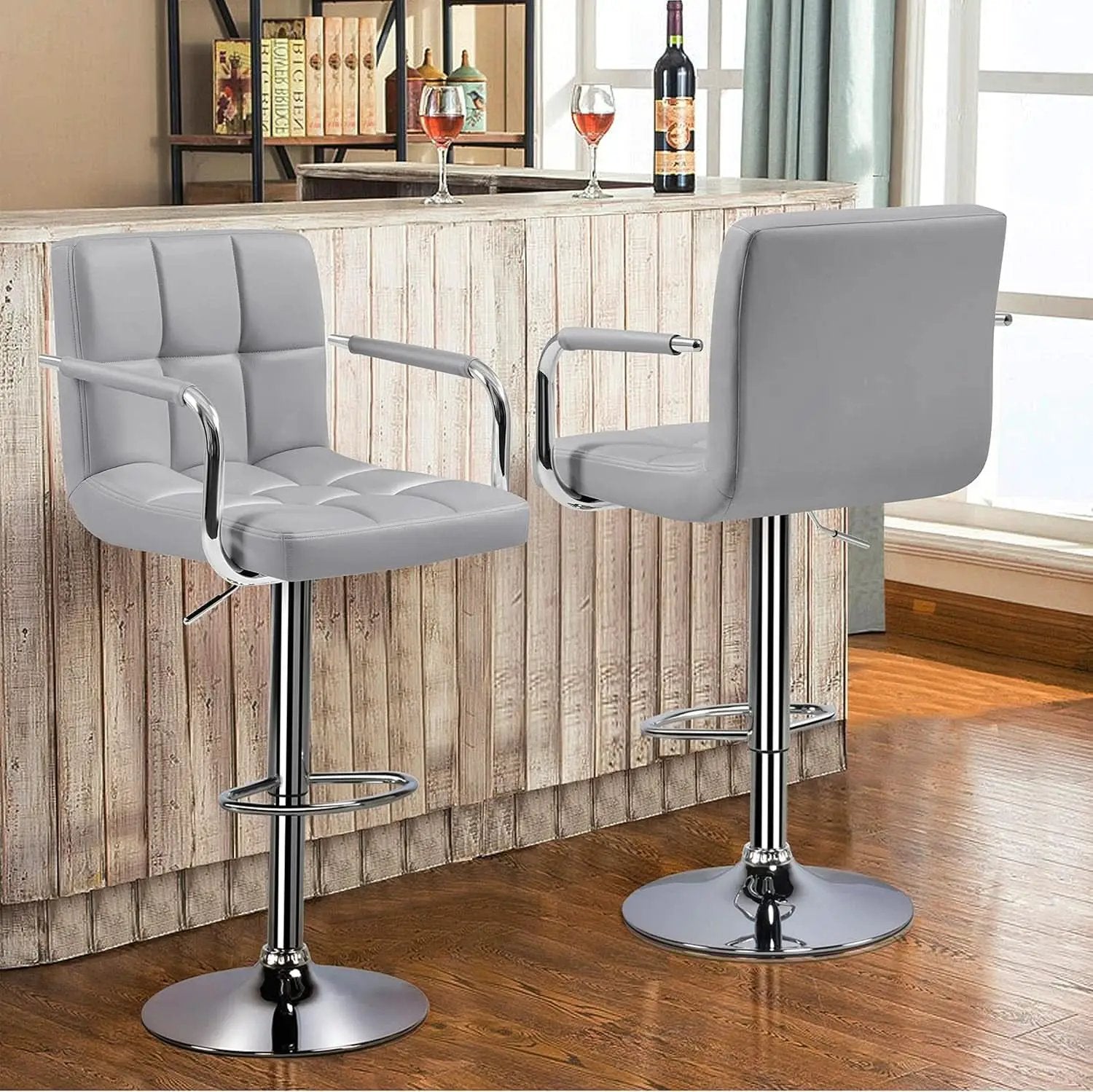 Light Grey Adjustable Swivel Bar Stools With Backrest, PU Leather, Set Of 2 from PriceLows™