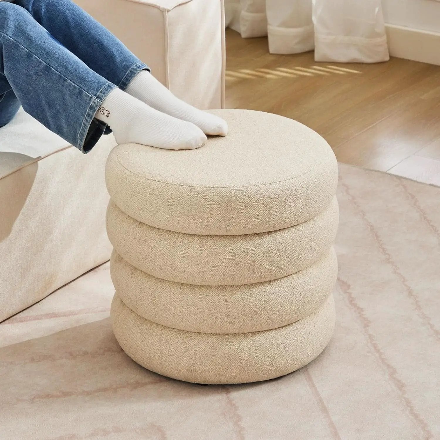 Beige Linen Upholstered Round Storage Ottoman Removable Lid from PriceLows™