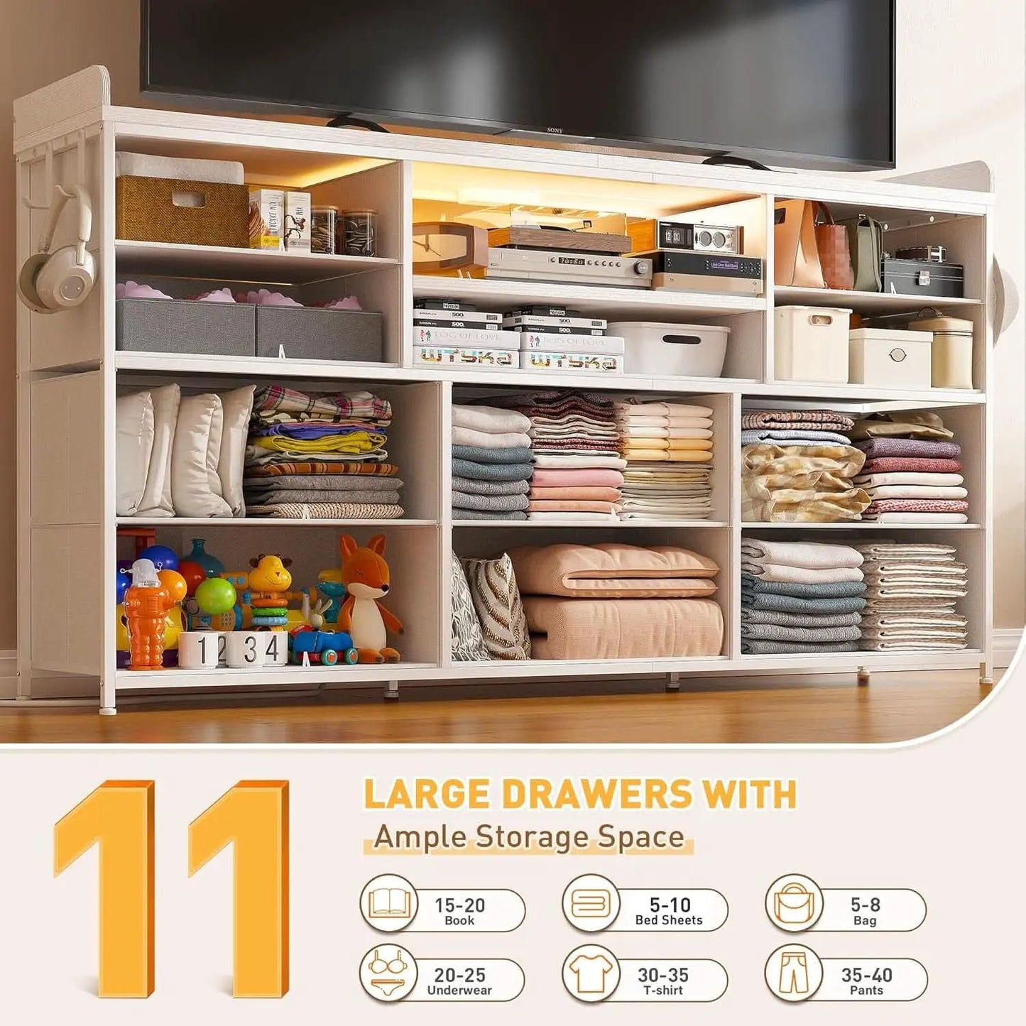 Bedroom Dresser With 11 Drawers And 60 Inch TV Stand White from PriceLows™