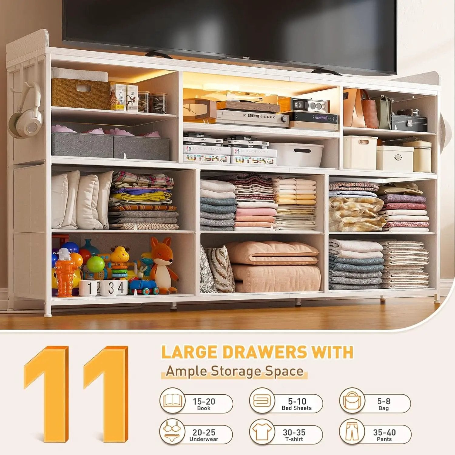 Bedroom Dresser With 11 Drawers And 60 Inch TV Stand White from PriceLows™