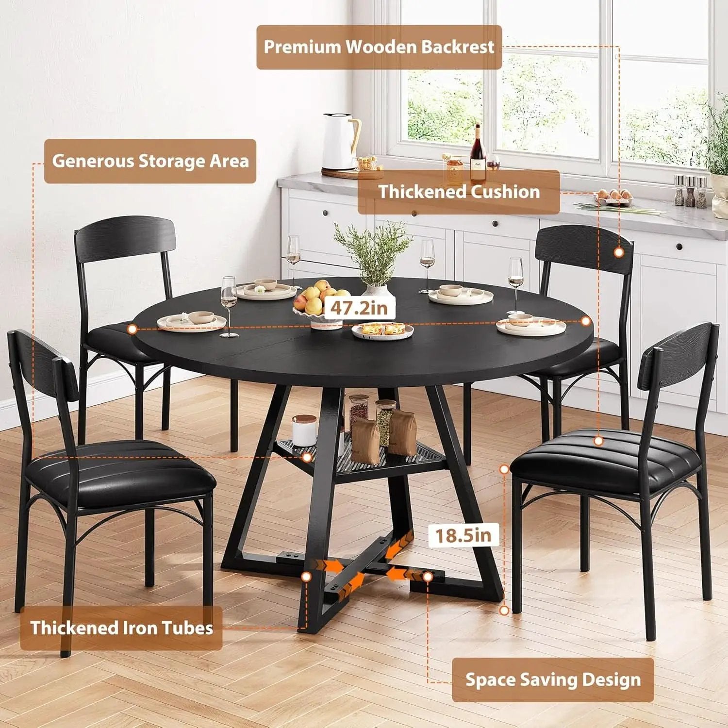 Round Circular Dining Table Set Black Diameter47Inches from PriceLows™