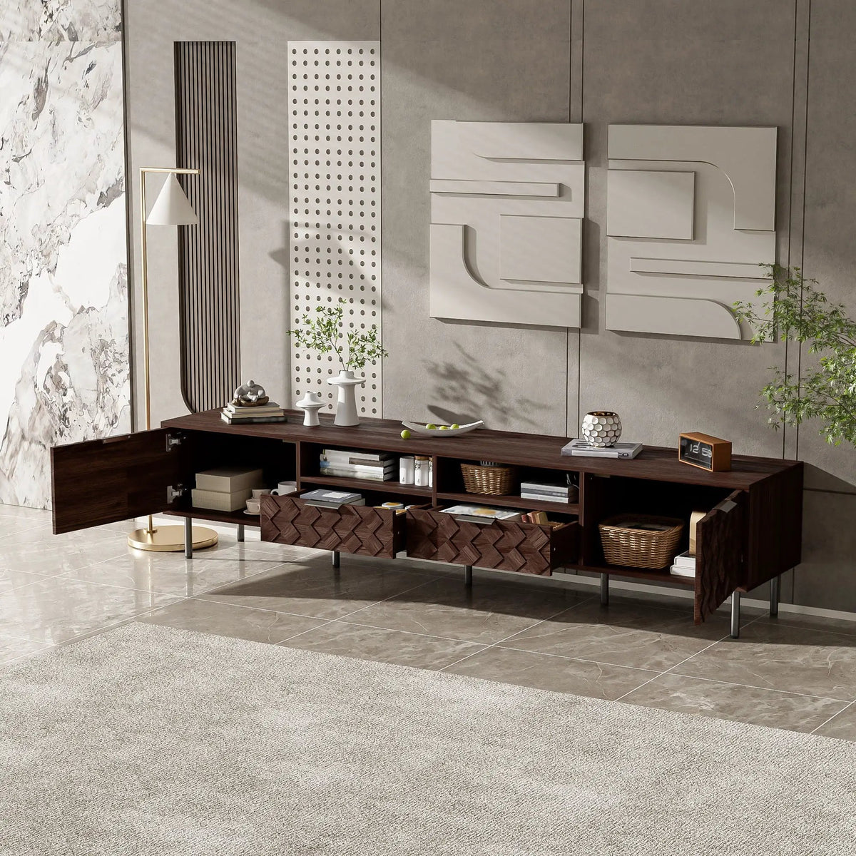85 Inch TV Stand | Closed Storage | 3D Diamond Interwoven Pattern | Soft Closing Hinges
