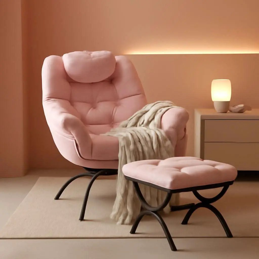 Pink Velvet Lounge Chair With Folding Footrest Ottoman from PriceLows™