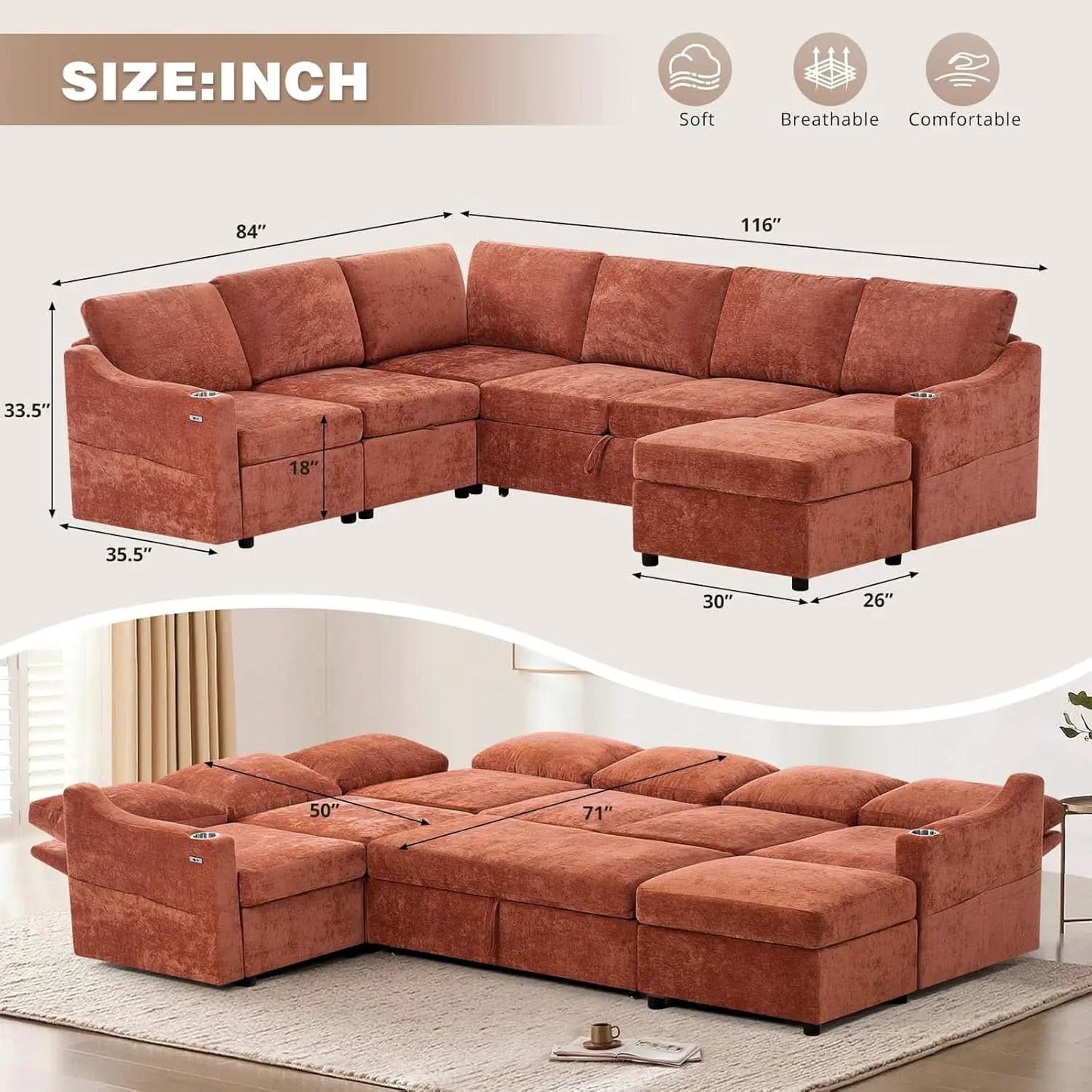 116Inch Orange Chenille Fabric Modular Sleeper Sofa USB from PriceLows™