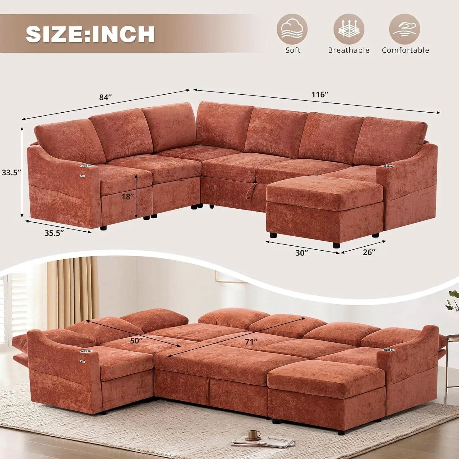 116Inch Orange Chenille Fabric Modular Sleeper Sofa USB from PriceLows™