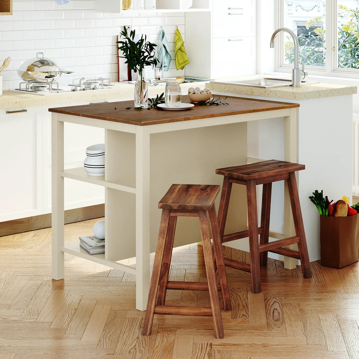 Kitchen Island Set | 3 Piece | Rustic Finish | Solid Rubber Wood