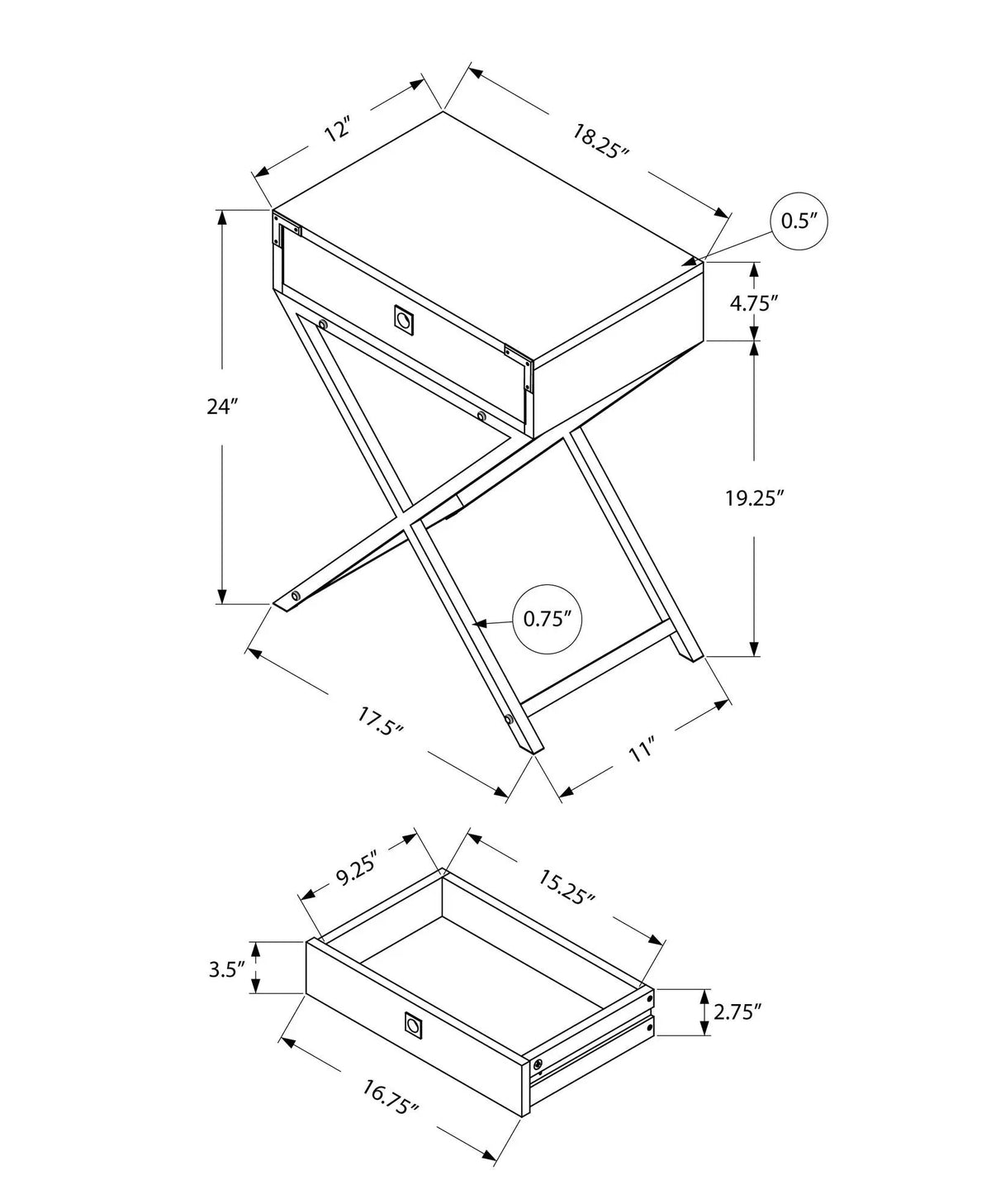 Accent Side Table | Stylish Rectangular Top | Drawer On Metal Glides | Metal Legs