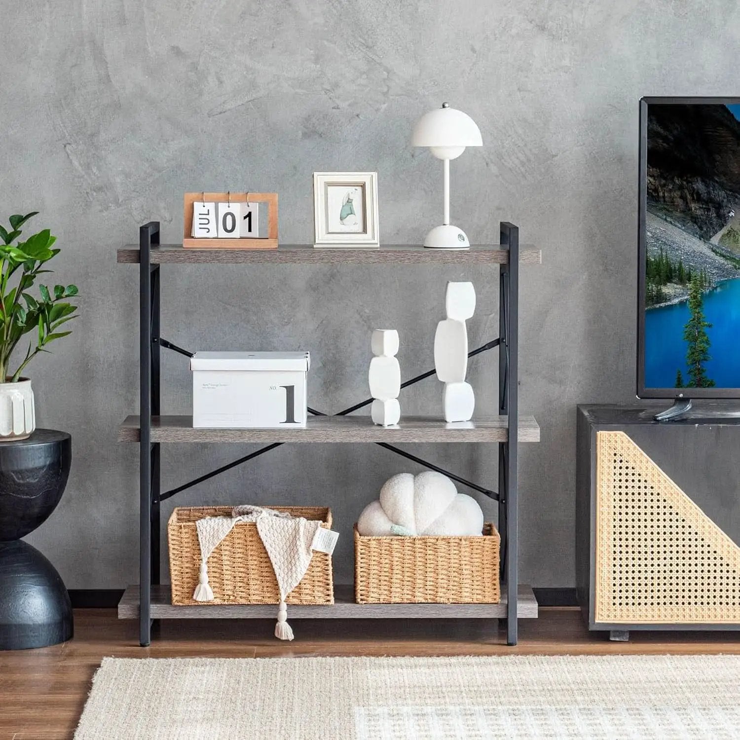 Three Tier Industrial Bookshelf With Rustic Open Metal Frame from PriceLows™