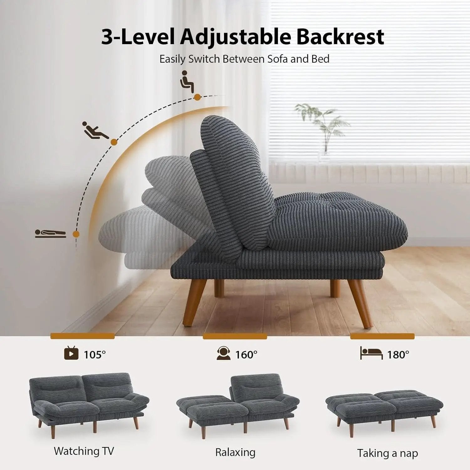 Corduroy Grey 73In Adjustable Backrest Futon SofaBed from PriceLows™