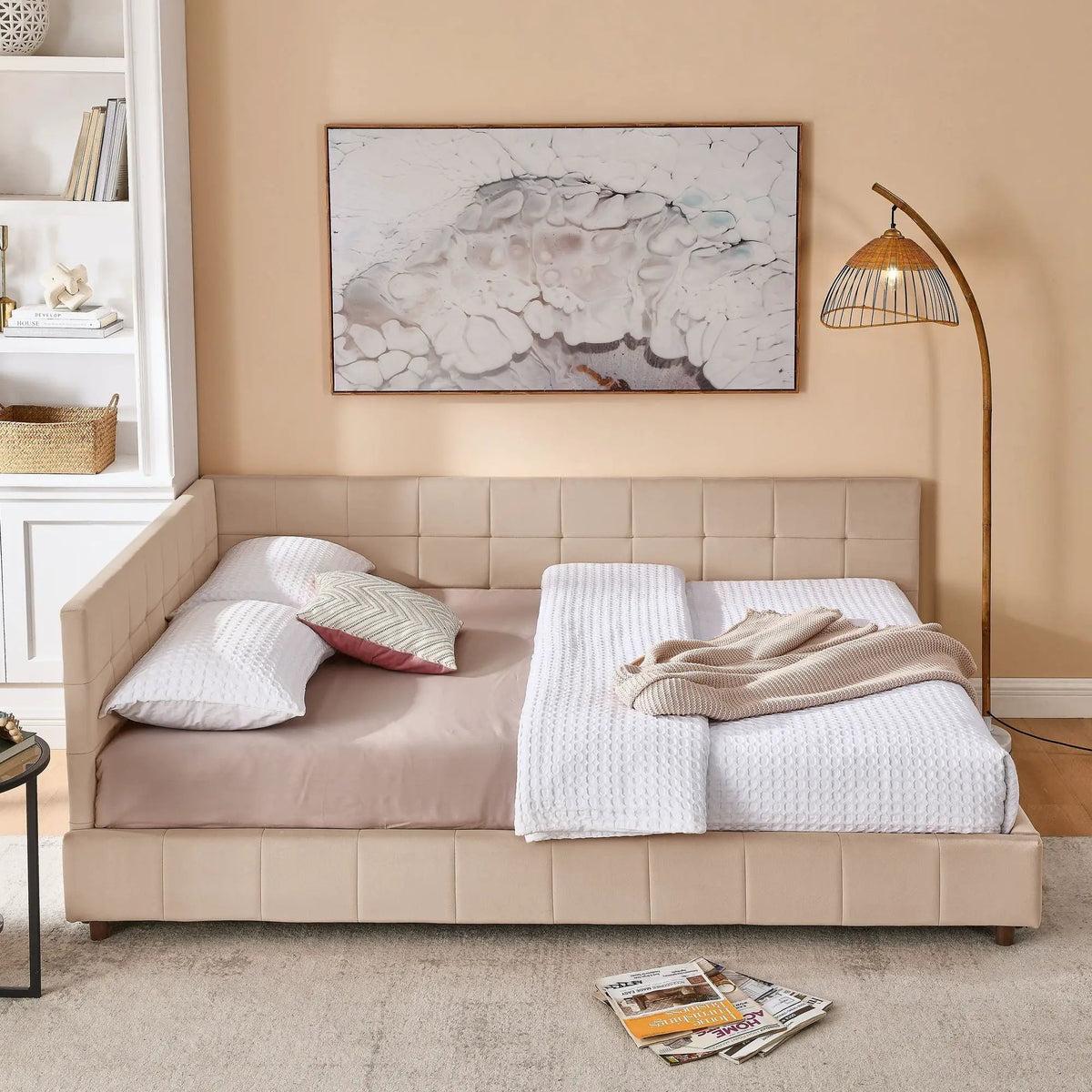 Mid-Century Storage Bed Frame | Upholstered Tufted Design | Backrest And Armrests | Bed Or Sofa Use