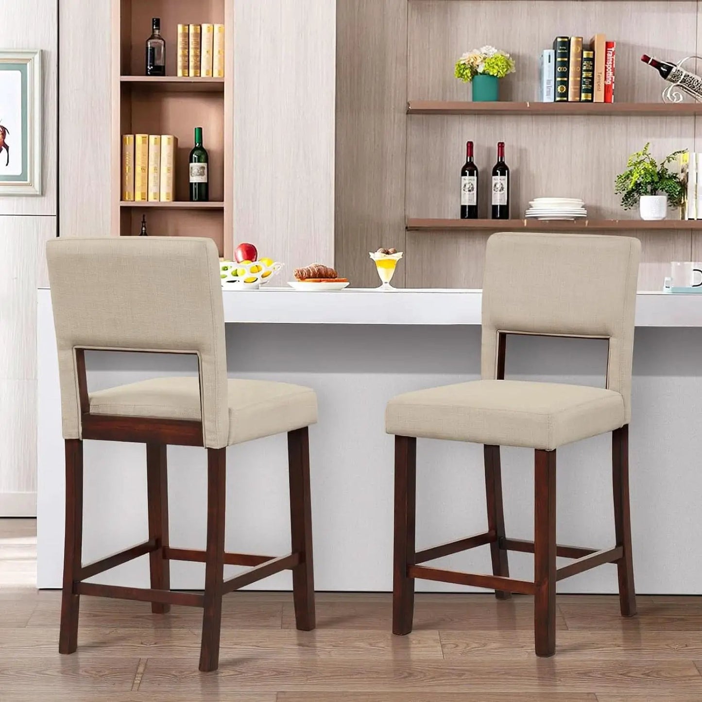 24.5 Inch Counter Height Bar Stools Set Of 4 With Back Upholstered Beige Linen For Kitchen Island from PriceLows™