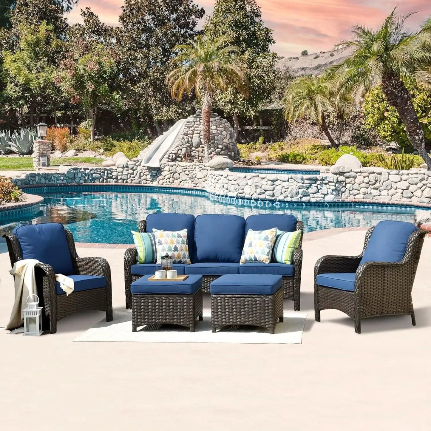 Five Piece Outdoor Wicker Patio Set With Cushions Navy Blue from PriceLows™