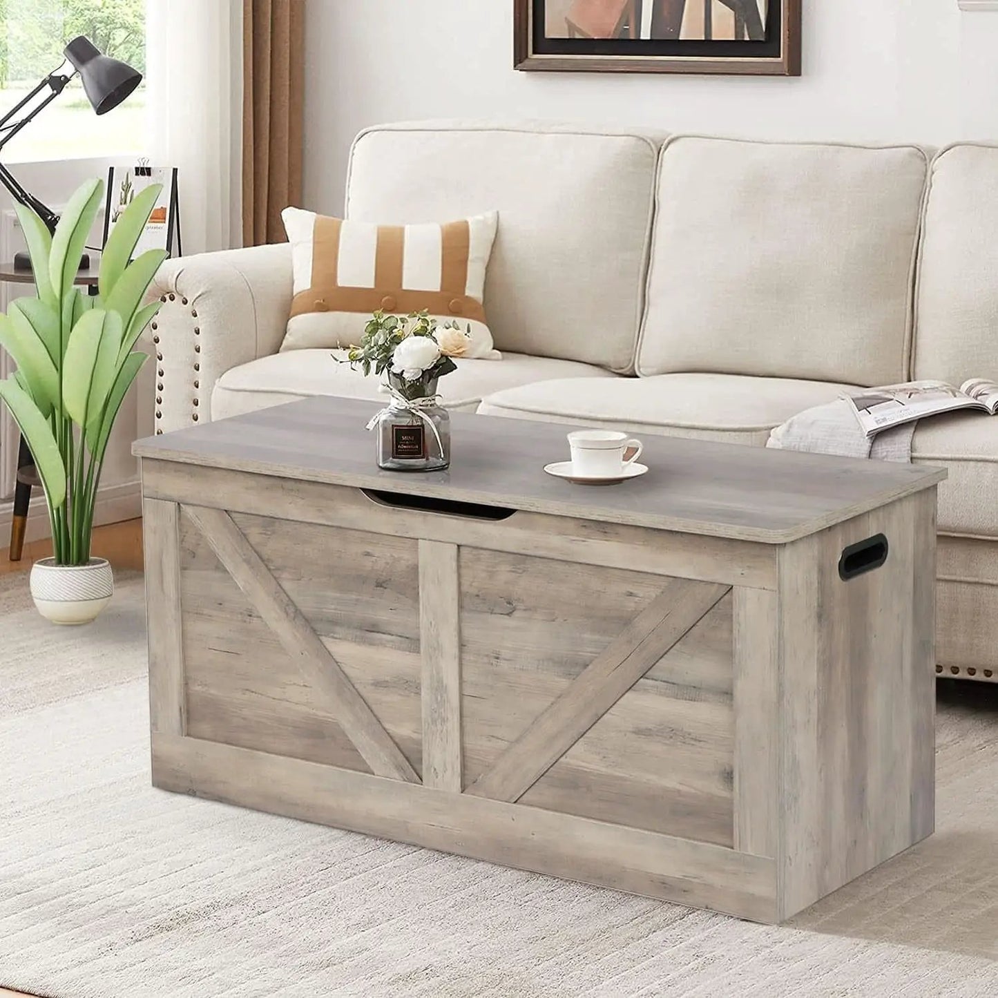 Grey Wooden Entryway Storage Bench Chest With Safety Hinges 39.4 Inch from PriceLows™