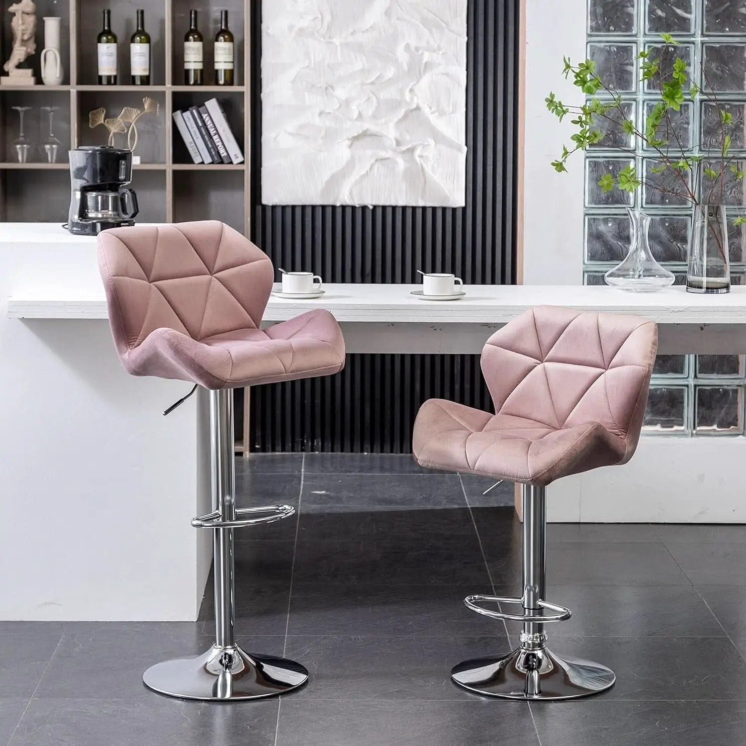 Breni Velvet Diamond Tufted Swivel Bar Stool Set Of 2 Mauve from PriceLows™