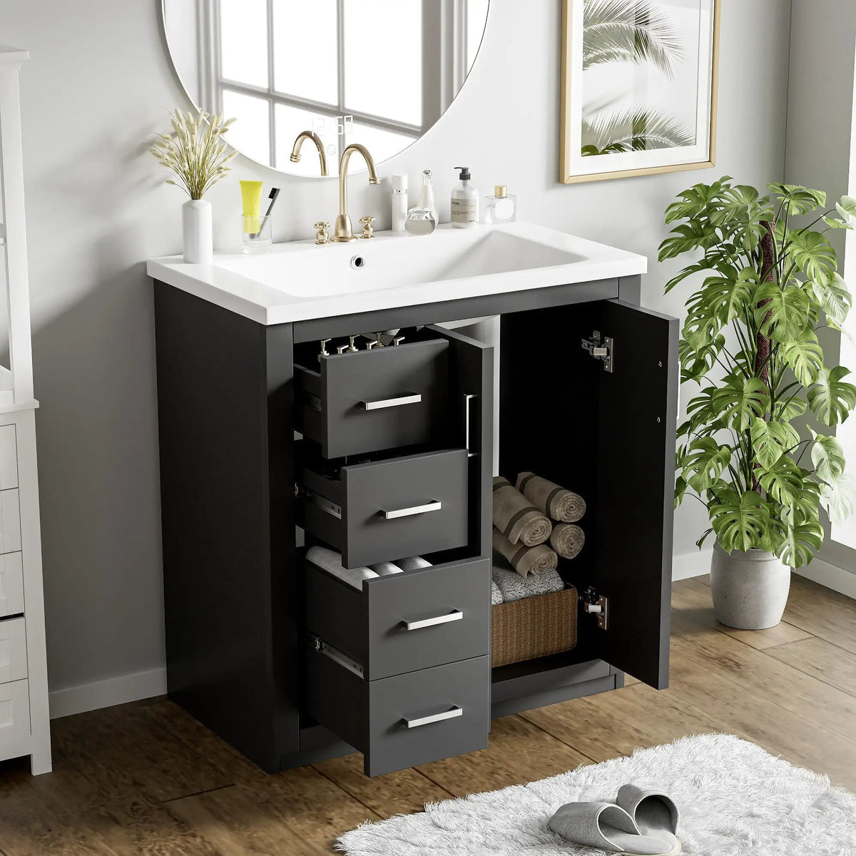 30 Inch Bathroom Vanity | 3 Drawers Soft Close | Solid Wood Ceramic Combo
