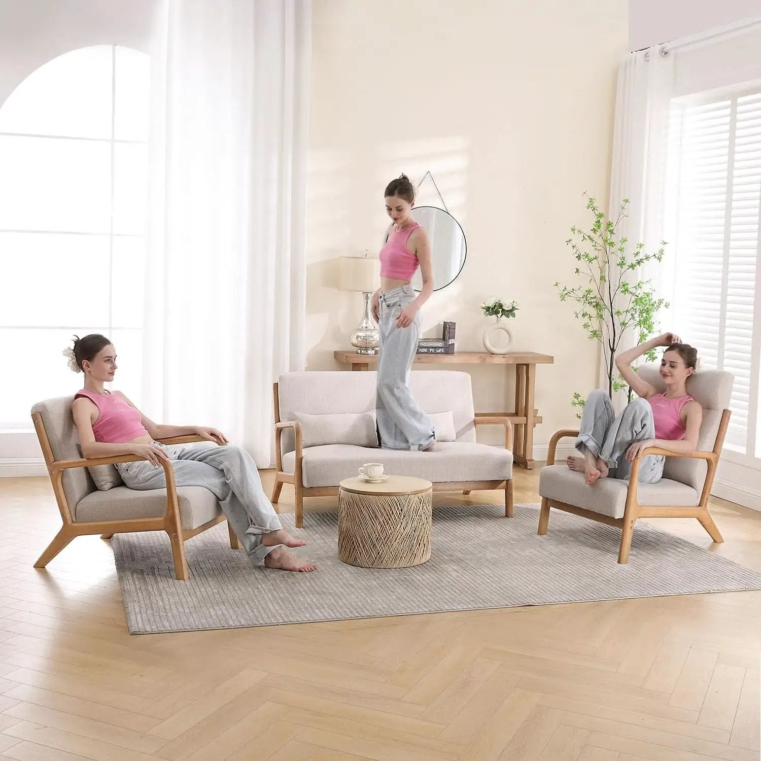 Beige Luxuriously Upholstered Mid Century Modern Chair from PriceLows™