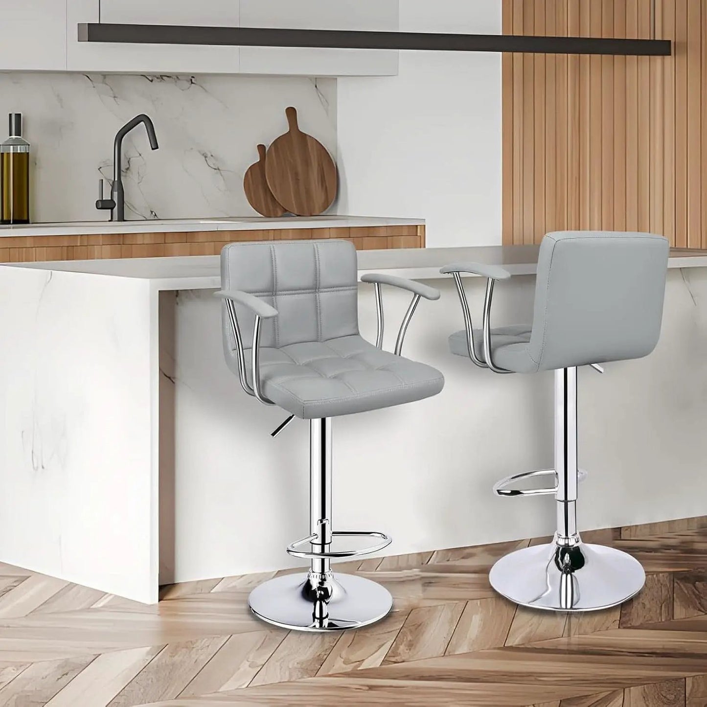 Counter Height Bar Stools Set 2 Armrest Swivel Leather Grey from PriceLows™